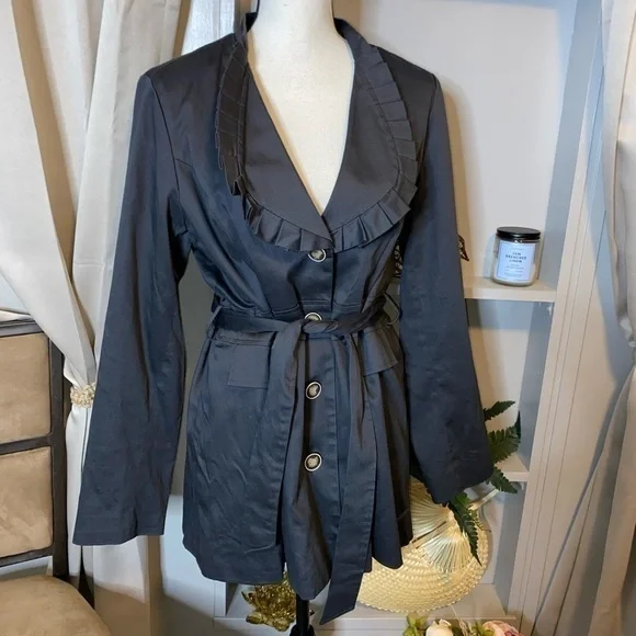 Blue Medium Ruffle Tie Waist Button Women’s Trench Coat Jacket GUC Faux Pockets - Picture 5 of 12